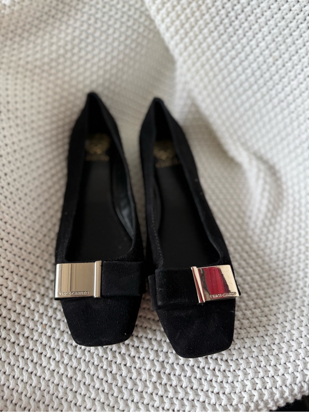 Vince Camuto Black Suede Square-Toe Flats with Gold Plaque